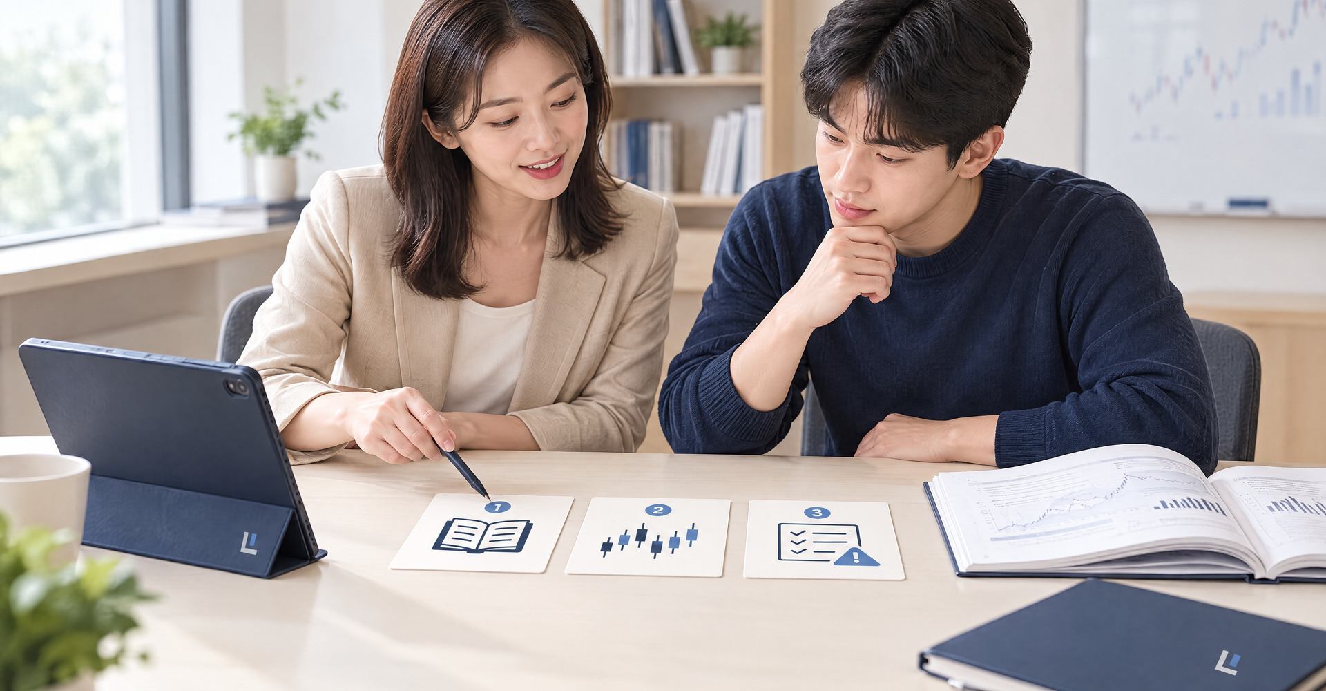 교육자와 학습자가 계약 기초, 차트와 주문, 위험 관리의 순서를 함께 살펴보는 학습 장면